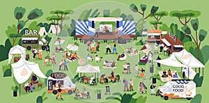 Music festival, open-air concert with outdoor stage, live performance, dancing people in nature, food trucks and tents