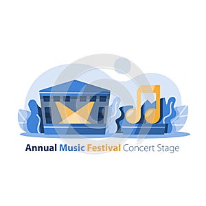 Music festival, outdoor concert stage with gabled roof, entertainment performance, festive event arrangement