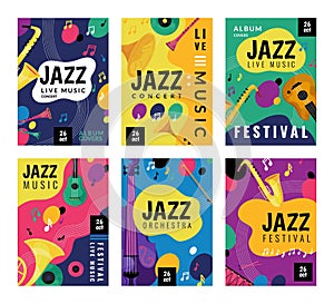 Music festival poster. Concert instruments classic piano, retro guitar, saxophone for band banner. Jazz orchestra