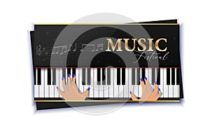Music festival poster with piano keyboard and player hands