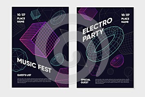 Music festival poster template. Abstract background with 3d mesh. Geometric vector objects.