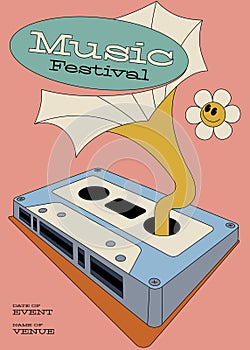 Music festival poster template design with cassette tape modern vintage retro style