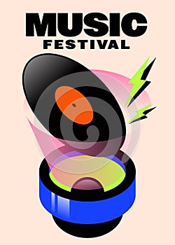 Music festival poster template design with vinyl record and speaker modern vintage retro style
