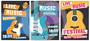 Music festival posters. Live acoustic guitar music concert poster, rock fest flyer and creative brochure template vector
