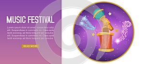 Music festival purple banner with musical notes and microphone statuette entertainment for winner or top artist