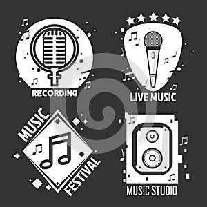 Music festival or shop labels vector headphones, microphone for recording studio