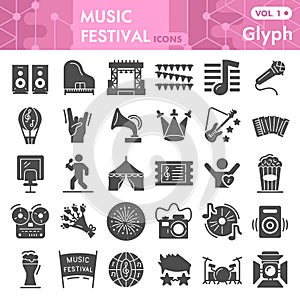 Music festival solid icon set, musical instruments symbols collection or sketches. Party glyph style signs for web and