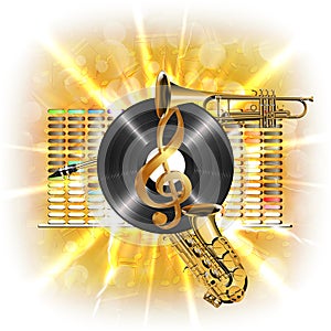 Music in flash, treble clef, vinyl sax and trumpet