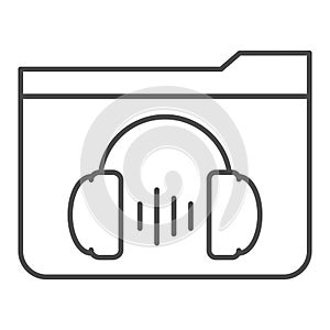 Music folder thin line icon. Media vector illustration isolated on white. Folder with headphones outline style design