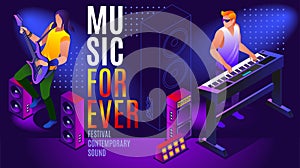 Music Forever Concept Poster of Festival Contemporary Sound and Banner, Template with musicians isometric icons on isolated multic