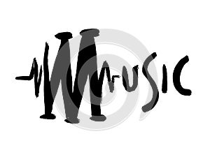 Music grunge text. Hand-drawn sign. Ink sketchy drawng. Abstract musical vector illustration with musical wave