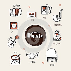 Music hand drawn doodle icons set.