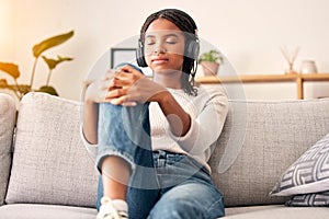 Music headphones, peace and relax girl listening to wellness podcast for calm mindset, mindfulness or audio meditation