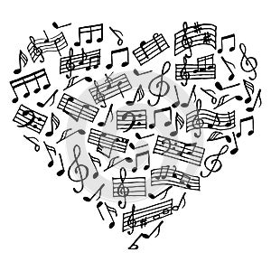 Music, heart, musical notes, treble clef and staves. Print. Black design for postcard, paper, cover