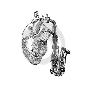 Music of the heart in vintage style. Jazz saxophone. Hand Drawn grunge sketch for tattoo or t-shirt or woodcut. Vintage