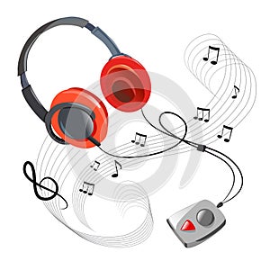Music icon and headphones on a white background