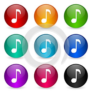 Music icon set, colorful glossy 3d rendering ball buttons in 9 color options for webdesign and mobile applications