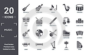 music icon set. include creative elements as bass guitar, percussion, null, viola, bassoon, violoncello filled icons can be used