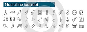 Music icon set with musical instruments, notes, microphone, stereo speakers line icon