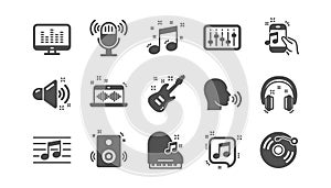 Music icons. Guitar, Musical note and Headphones. Classic icon set. Vector