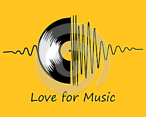 Music illustration, black vinyl record and abstract sound graphic on yellow background. Retro style logo