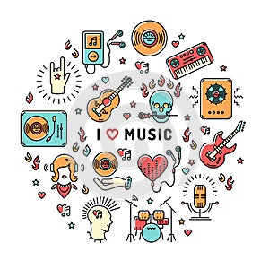 Music infographics line art icons, inspiring quote