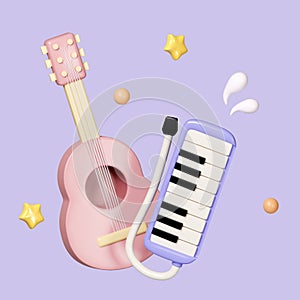 Music Instrument, Cute melodica and guitar isolated on background icon symbol clipping path. 3d render illustration