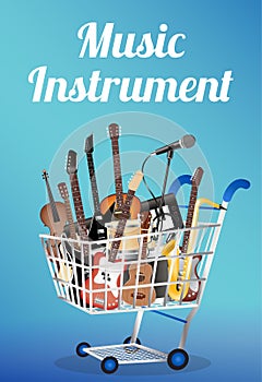 Music instrument with electric acoustic guitar bass drum snare violin ukulele saxophone keyboard microphone and headphone on a sho