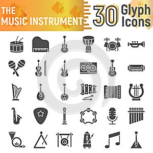 Music instrument glyph icon set, musical symbols collection, vector sketches, logo illustrations, sound signs