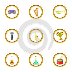 Music instrument icons set, cartoon style