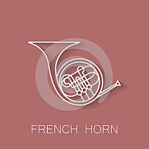 Music instrument retro line icon. French horn shape. Classic musical object. Vector decorative design background