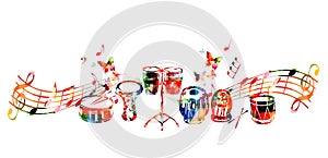 Music instruments background. Colorful drum, darbuka, bongo drums, indian tabla and traditional Turkish drum with music notes isol