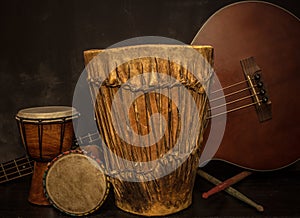 Music instruments -Djembe drums and acoustic bass guitar