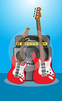 Music Instruments guitar bass and amplifier Background vector illustration.