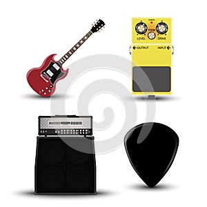 Music instruments icon, guitar, amplifier, pick and effect pedal