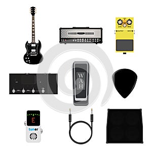 Music instruments icon, guitar, amplifier, signal cable jack,  pick and effect pedal