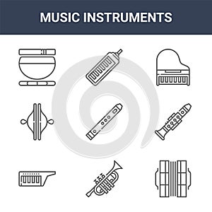 9 music instruments icons pack. trendy music instruments icons on white background. thin outline line icons such as concertina, photo