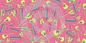 Music instruments illustration doodles - guitar, bass guitar, drums, piano and saxophone