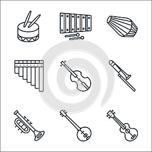 music instruments line icons. linear set. quality vector line set such as ukelele, sitar, trumpet, trombone, violin, pan flute,