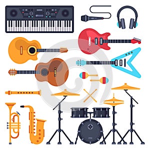 Music instruments. Orchestra drum, piano synthesizer and acoustic guitars. Jazz band musical instrument flat vector set