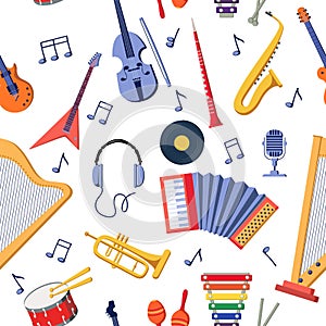 Music instruments pattern. Background with musical notes and orchestra equipment. Maraca or piano. Electric guitar photo