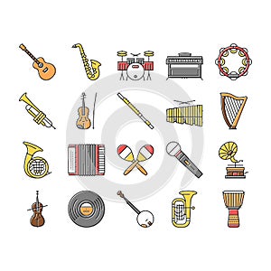 Music Instruments Performance Icons Set Vector .