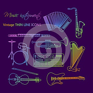 Music instruments thin line icon set for web and mobile.