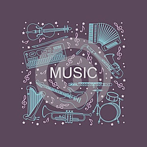 Music instruments thin line icon set for web and mobile.