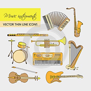 Music instruments thin line icon set for web and mobile.