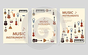 Music instruments vector brochure cards set. Audio tools template of flyear, magazines, poster, book cover, banne