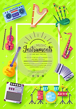 Music instruments vector brochure cards set. Audio tools template of flyear, magazines, poster, book cover, banne