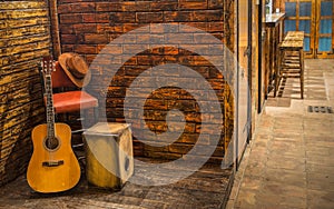 Music instruments on wooden stage photo