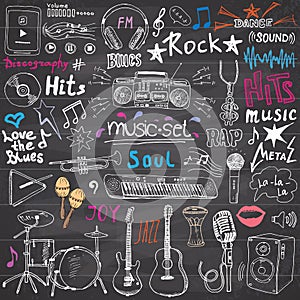 Music items doodle icons set. Hand drawn sketch with notes, instruments, microphone, guitar, headphone, drums, music player and mu