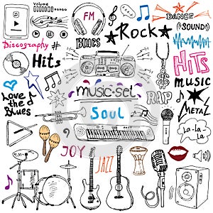 Music items doodle icons set. Hand drawn sketch with notes, instruments, microphone, guitar, headphone, drums, music player and mu